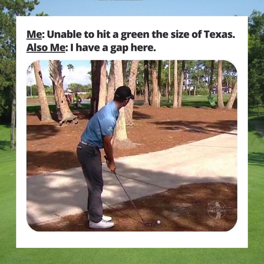 Image of a golfer who has missed the fairway and is preparing to hit his next shot through some trees in order to get to the greens. The meme text reads:
Me: Unable to hit a green the size of Texas.
Also Me: I have a gap here.
